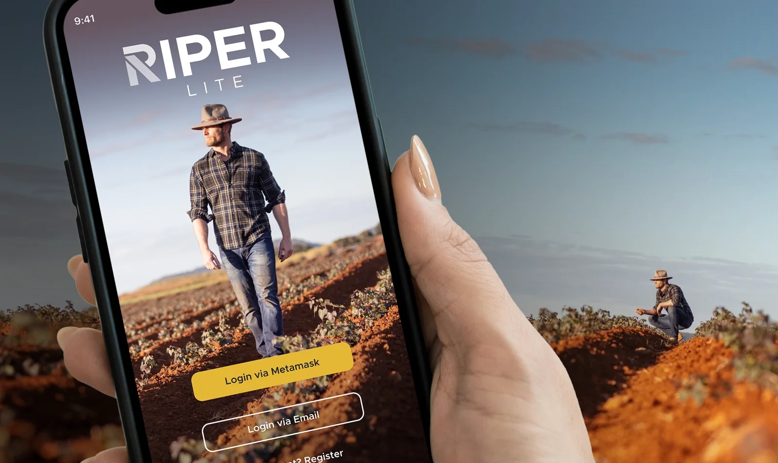 The Riper Lite app login screen on a phone, with a farmer crouching in a red soil field behind